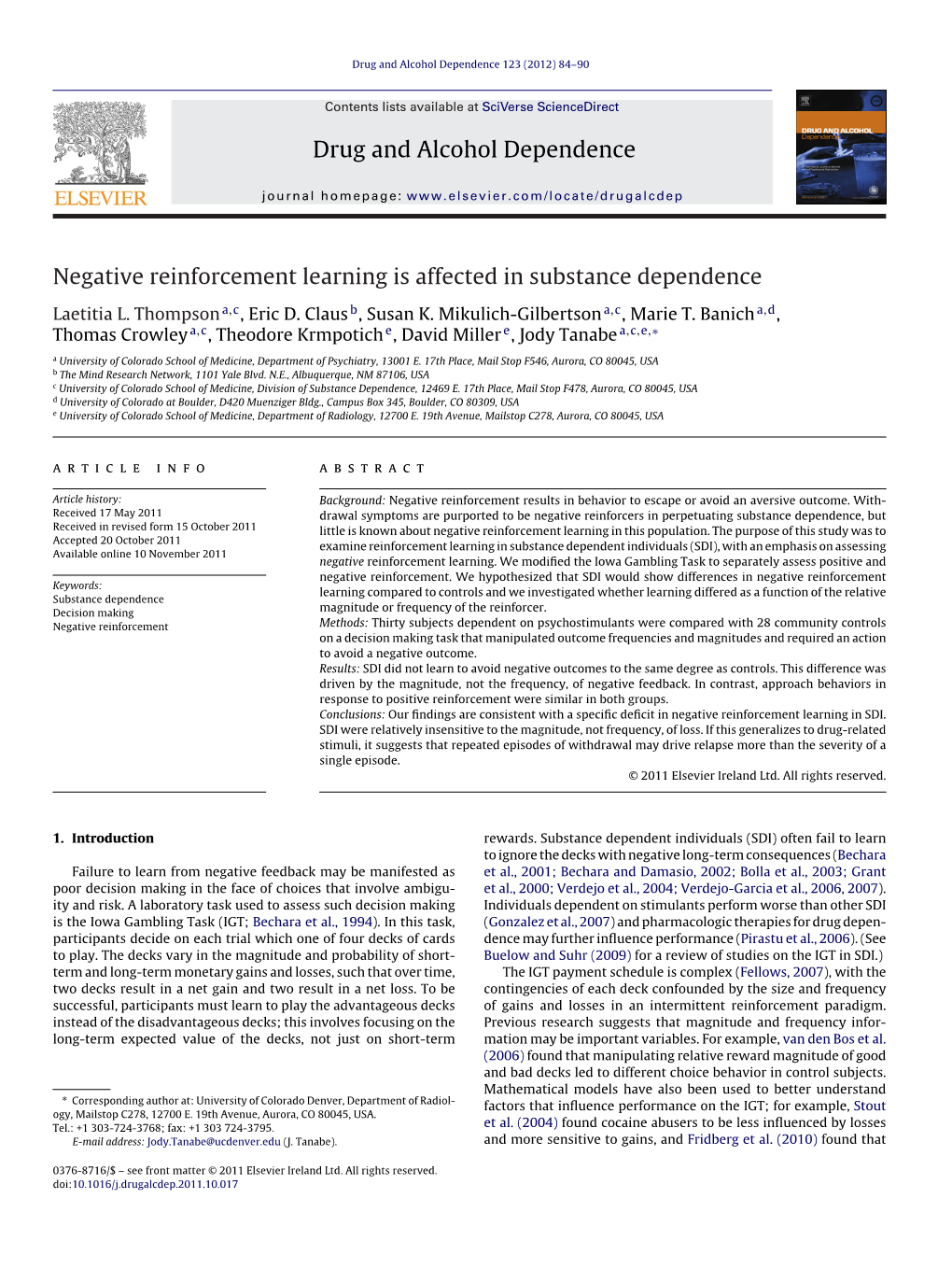 Negative Reinforcement Learning Is Affected in Substance Dependence