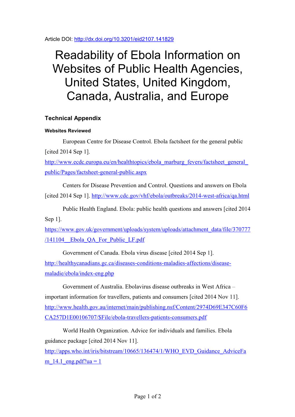 Readability of Ebola Information on Websites of Public Health Agencies, United States, United Kingdom, Canada, Australia, and Europe