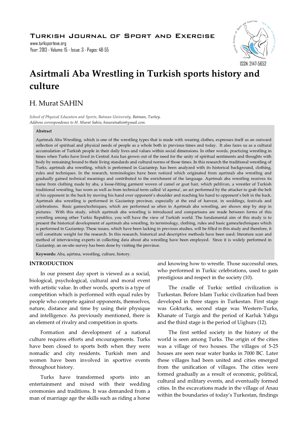 Asirtmali Aba Wrestling in Turkish Sports History and Culture