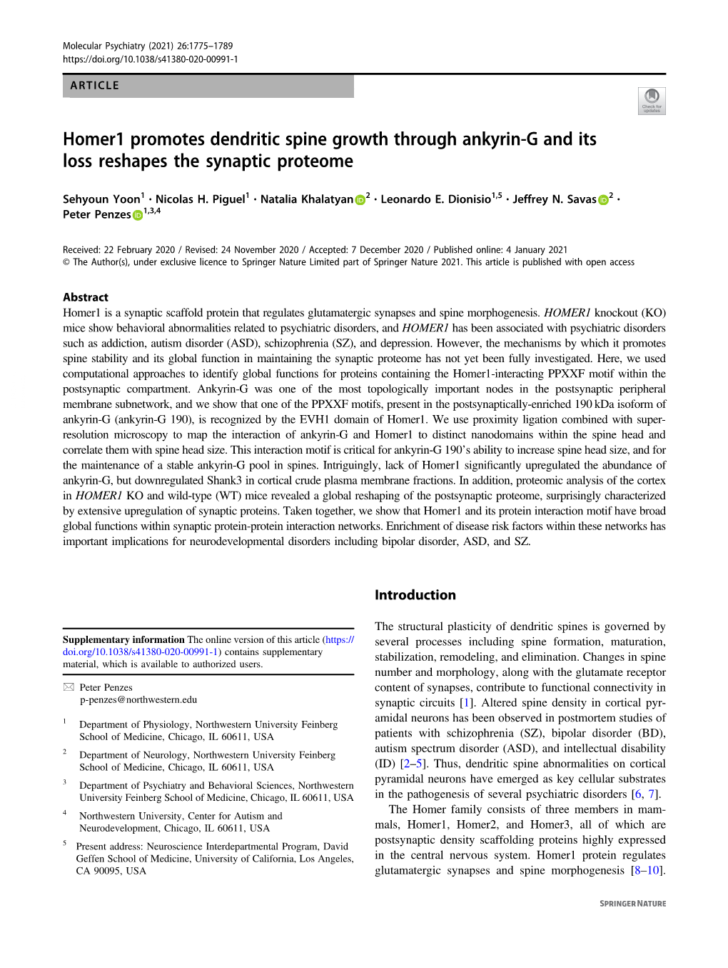 Homer1 Promotes Dendritic Spine Growth Through Ankyrin-G and Its Loss Reshapes the Synaptic Proteome