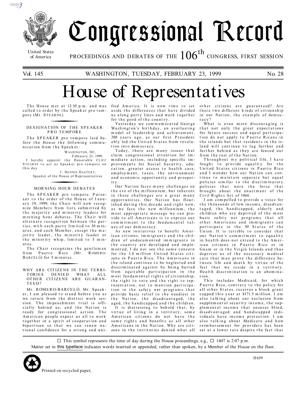 Congressional Record United States Th of America PROCEEDINGS and DEBATES of the 106 CONGRESS, FIRST SESSION