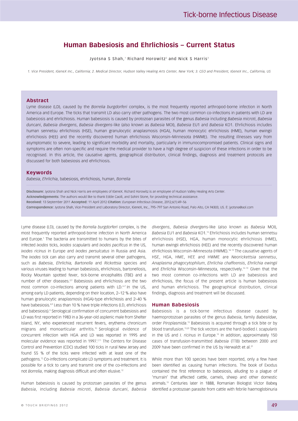 Human Babesiosis and Ehrlichiosis Current Status