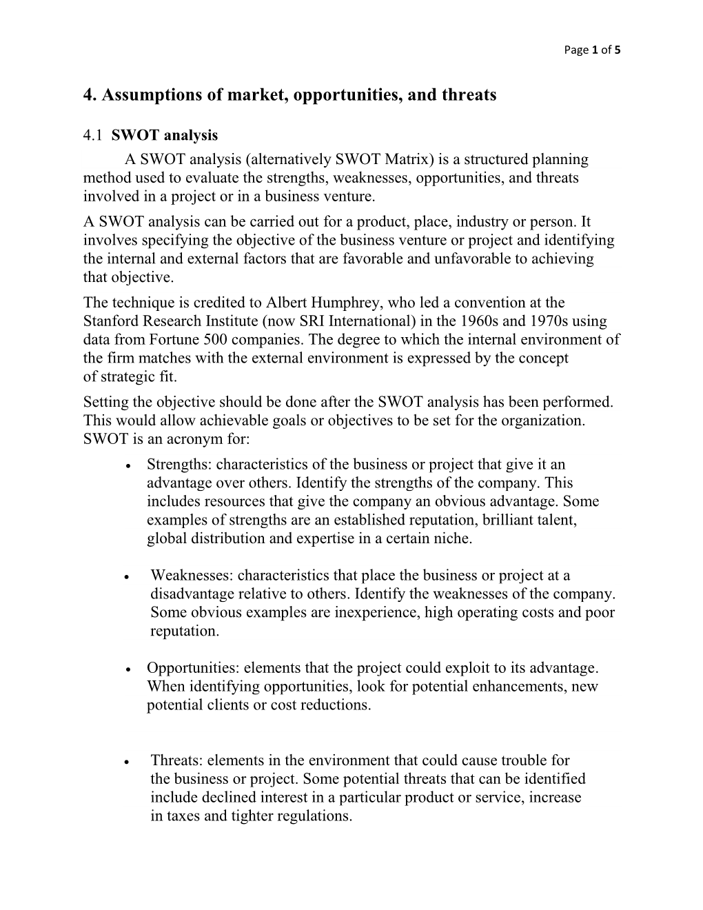 4. Assumptions of Market, Opportunities, and Threats