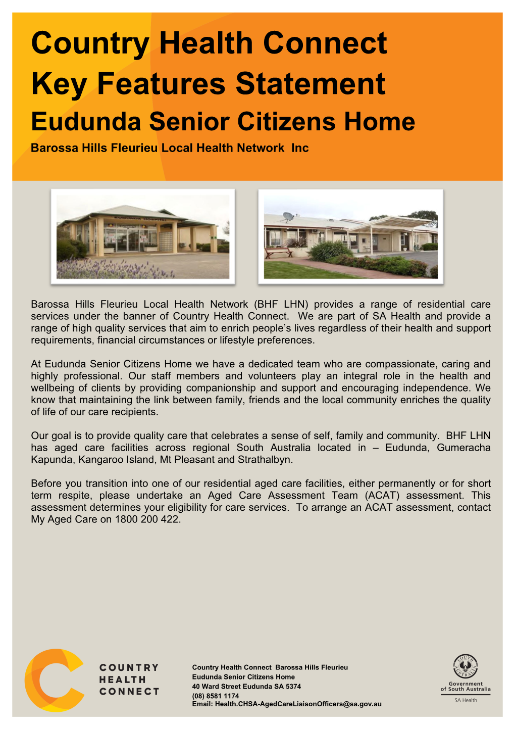 Country Health Connect Key Features Statement Eudunda Senior Citizens