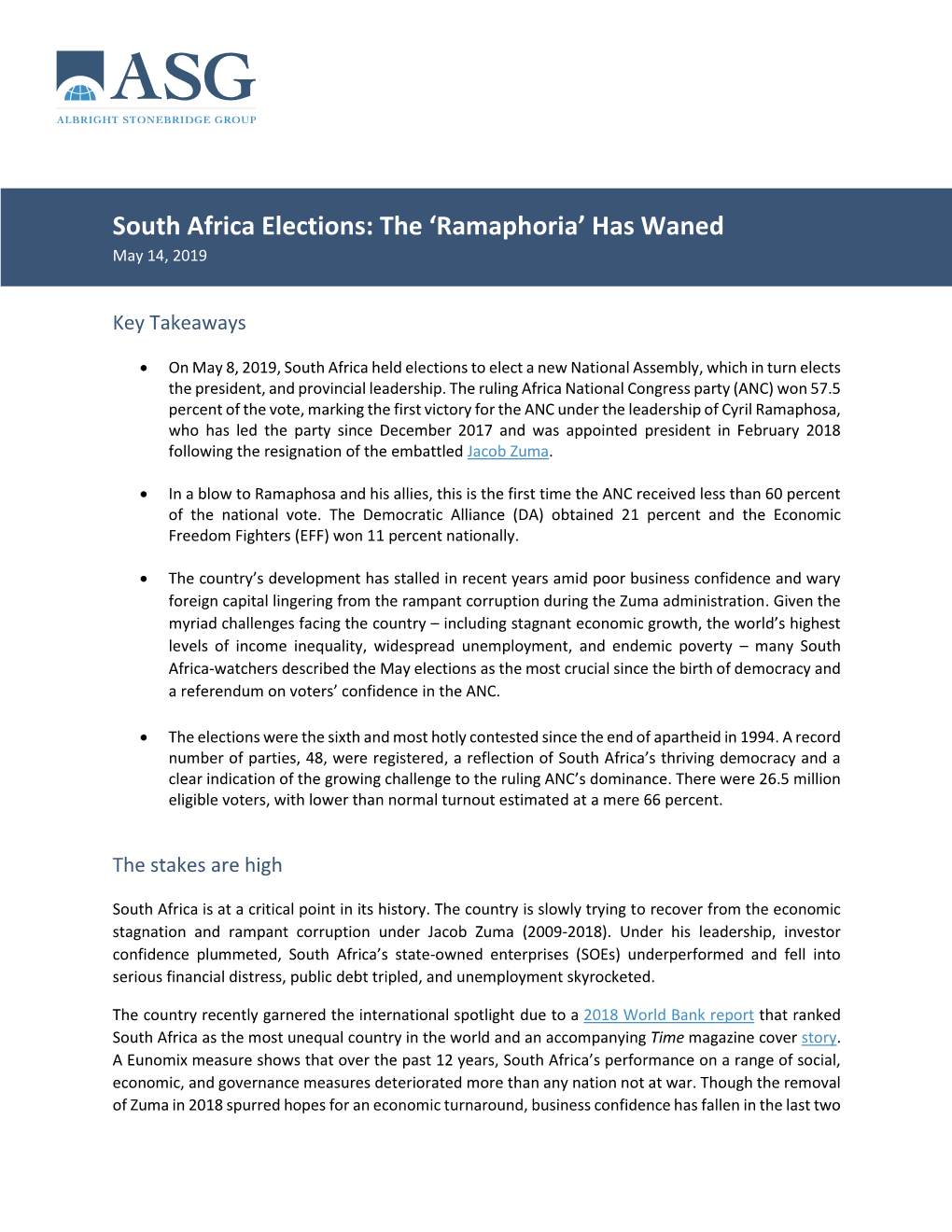 South Africa Elections: the ‘Ramaphoria’ Has Waned May 14, 2019