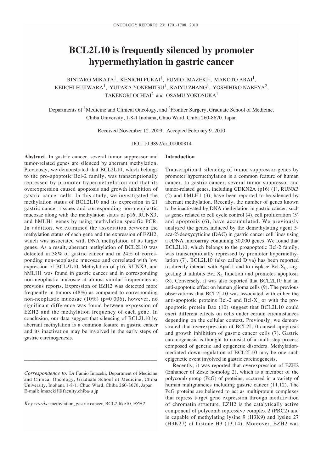 BCL2L10 Is Frequently Silenced by Promoter Hypermethylation in Gastric Cancer