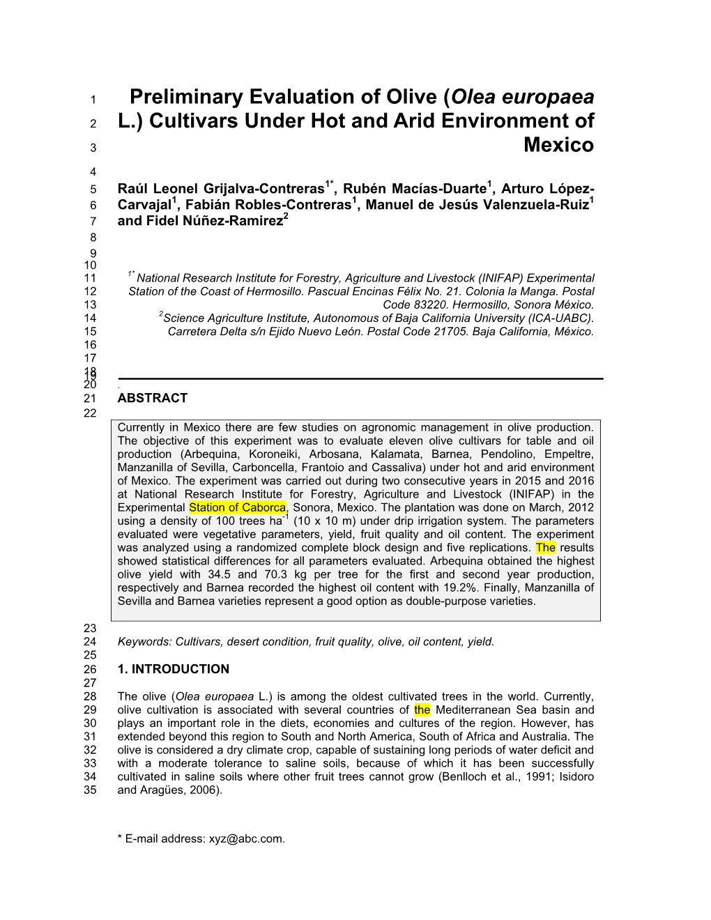 Preliminary Evaluation of Olive (Olea Europaea L.) Cultivars Under Hot