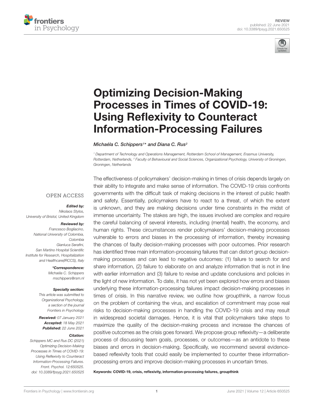 Optimizing Decision-Making Processes in Times of COVID-19: Using Reﬂexivity to Counteract Information-Processing Failures