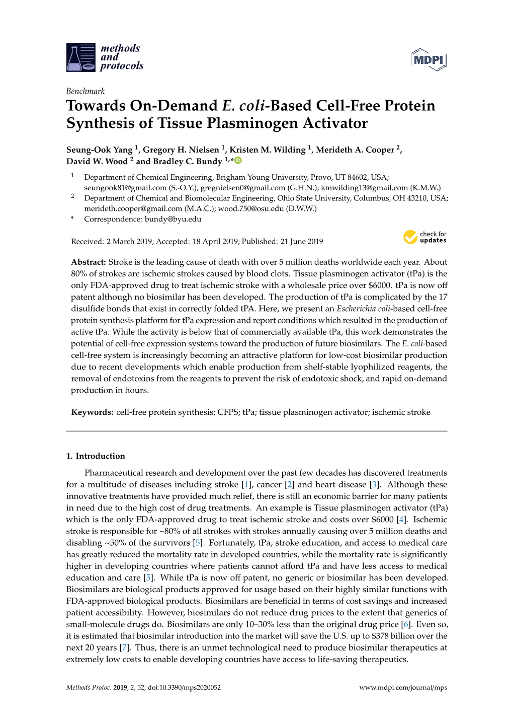 Towards On-Demand E. Coli-Based Cell-Free Protein Synthesis of Tissue Plasminogen Activator