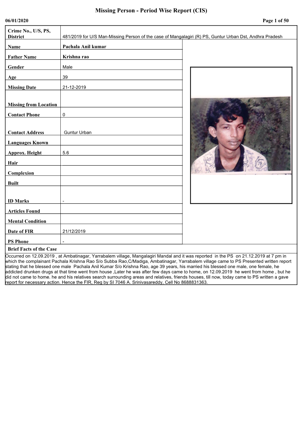 Missing Person - Period Wise Report (CIS) 06/01/2020 Page 1 of 50