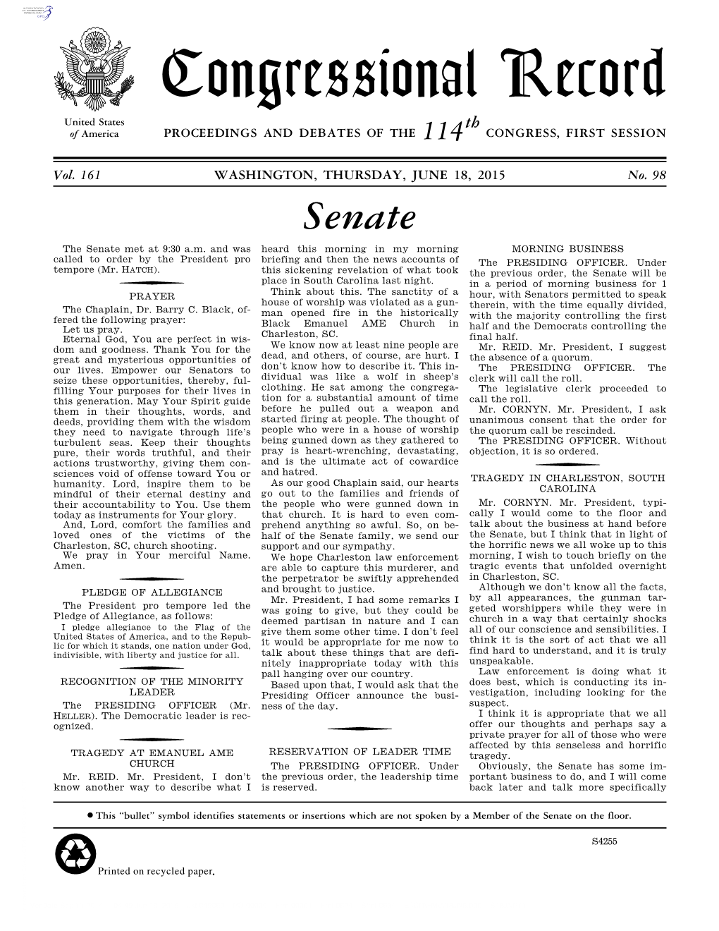 Congressional Record United States Th of America PROCEEDINGS and DEBATES of the 114 CONGRESS, FIRST SESSION