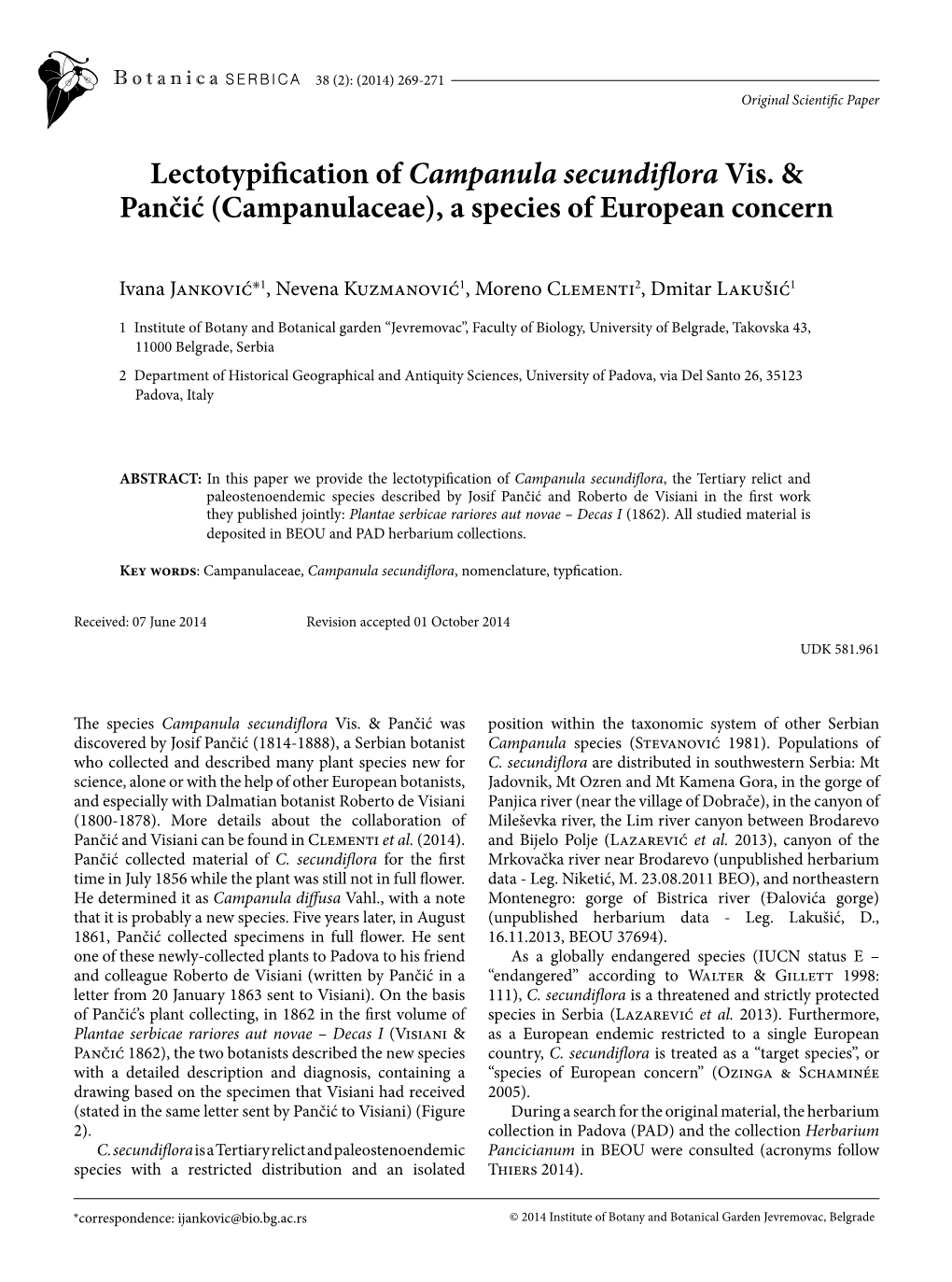 Campanulaceae), a Species of European Concern