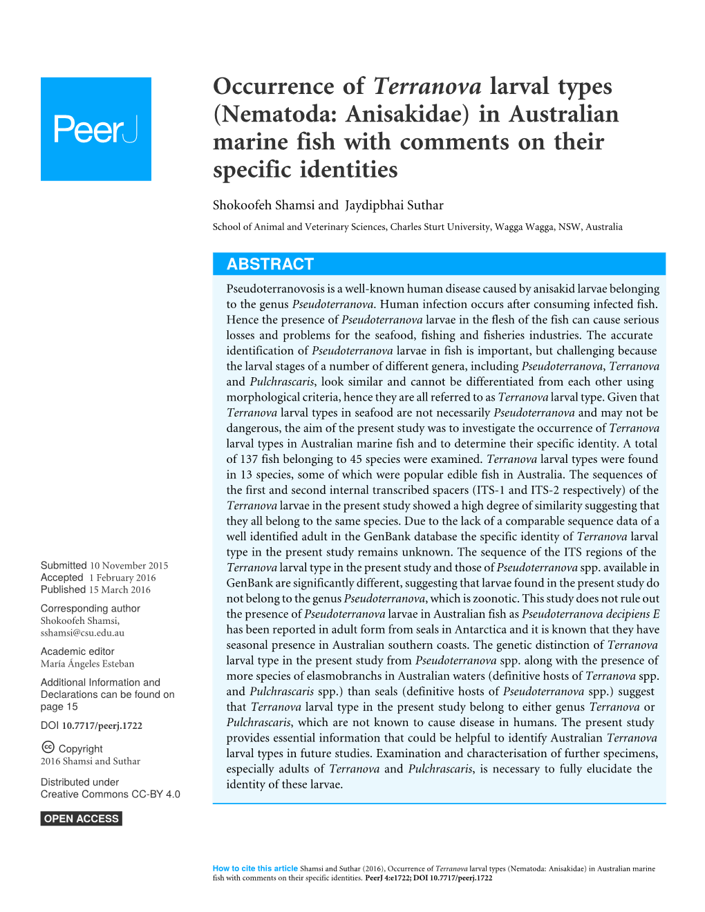 Nematoda: Anisakidae) in Australian Marine Fish with Comments on Their Specific Identities