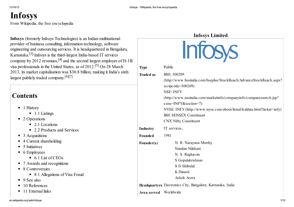 Infosys - Wikipedia, the Free Encyclopedia Infosys from Wikipedia, the Free Encyclopedia