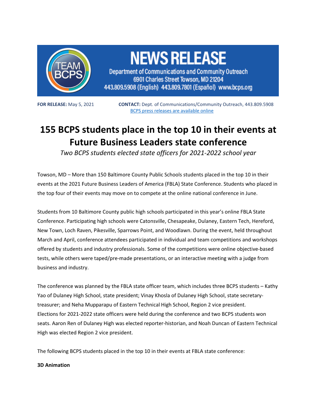 155 BCPS Students Place in the Top 10 in Their Events at Future Business Leaders State Conference Two BCPS Students Elected State Officers for 2021-2022 School Year