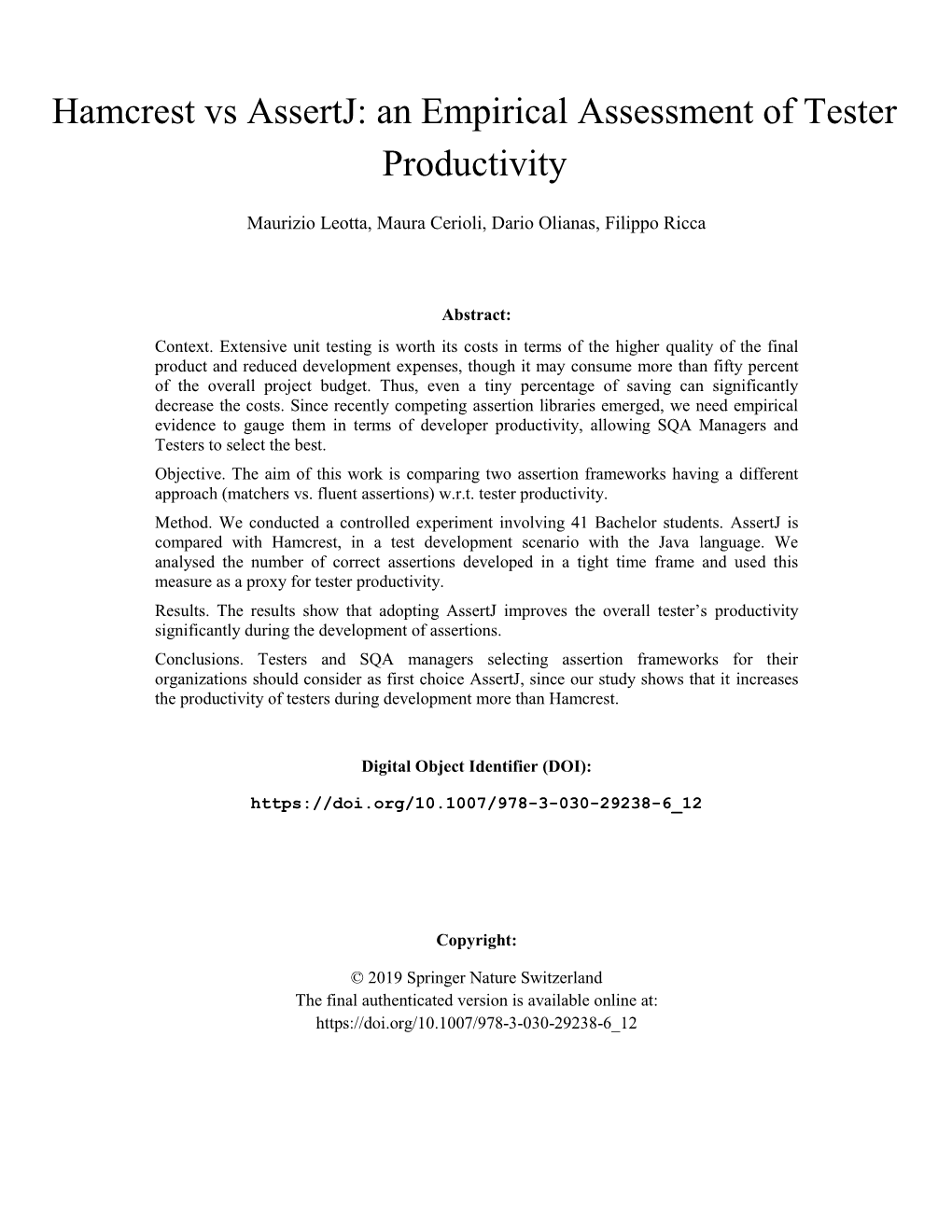 Hamcrest Vs Assertj: an Empirical Assessment of Tester Productivity