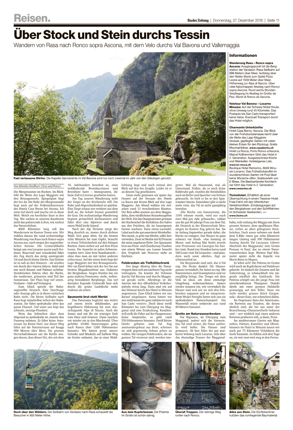 Über Stock Und Stein Durchs Tessin Wandern Von Rasa Nach Ronco Sopra Ascona, Mit Dem Velo Durchs Val Bavona Und Vallemaggia