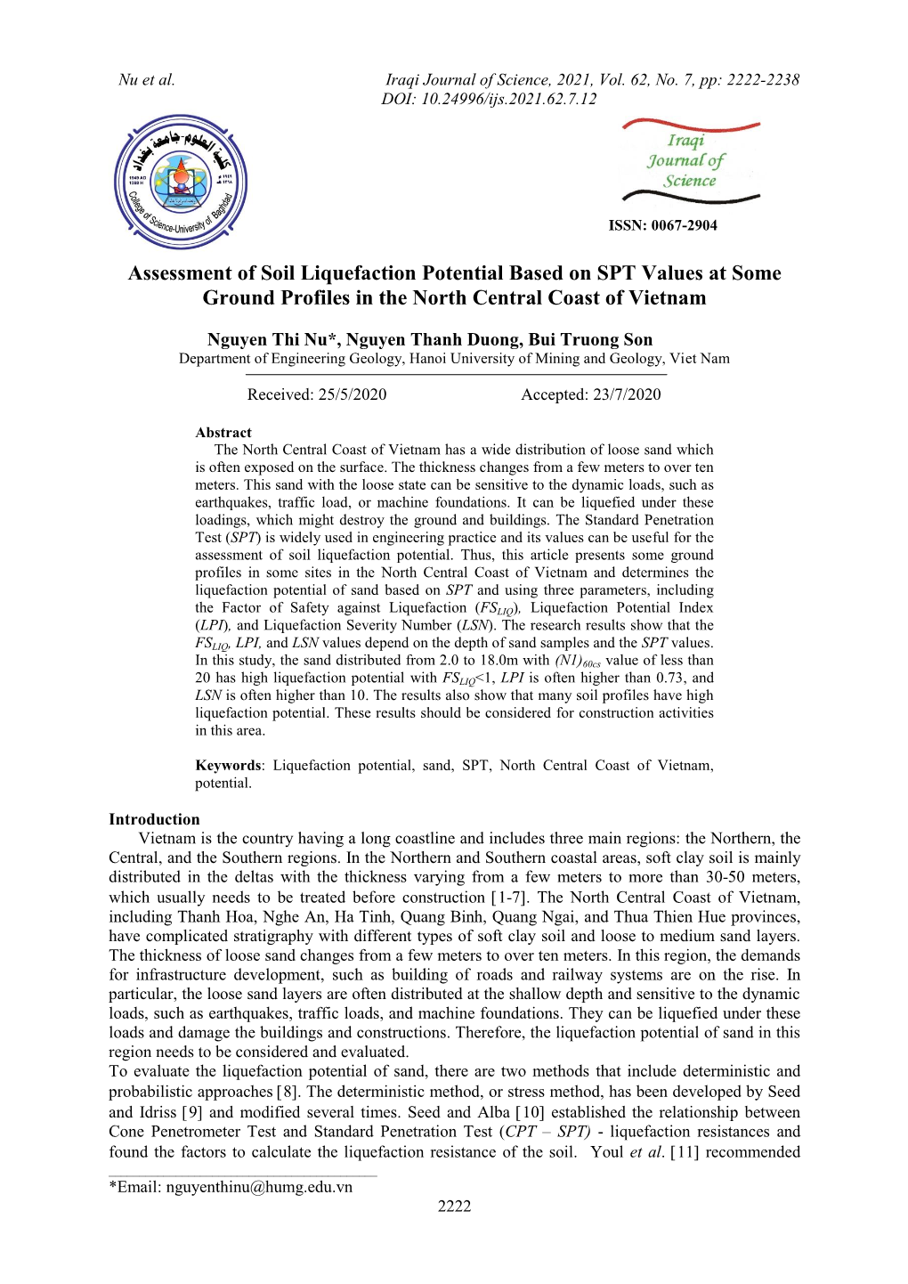 Assessment of Soil Liquefaction Potential Based on SPT Values at Some Ground Profiles in the North Central Coast of Vietnam