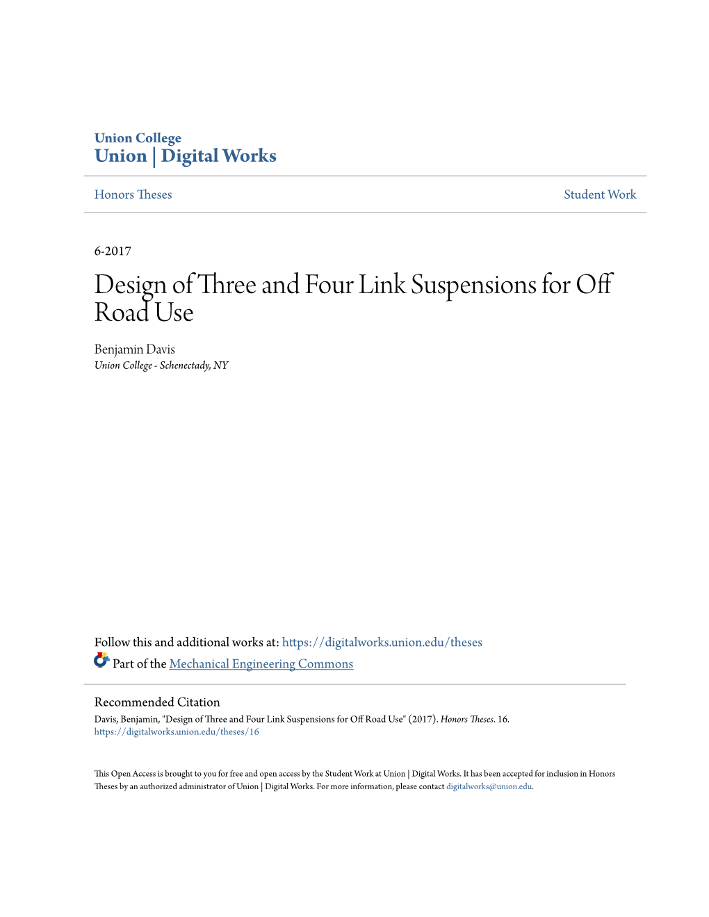 Design of Three and Four Link Suspensions for Off Road Use Benjamin Davis Union College - Schenectady, NY