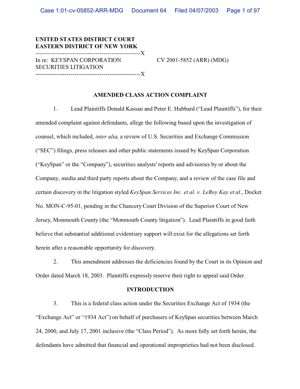 Keyspan Corporation Securities Litigation 01-CV-05852-Amended