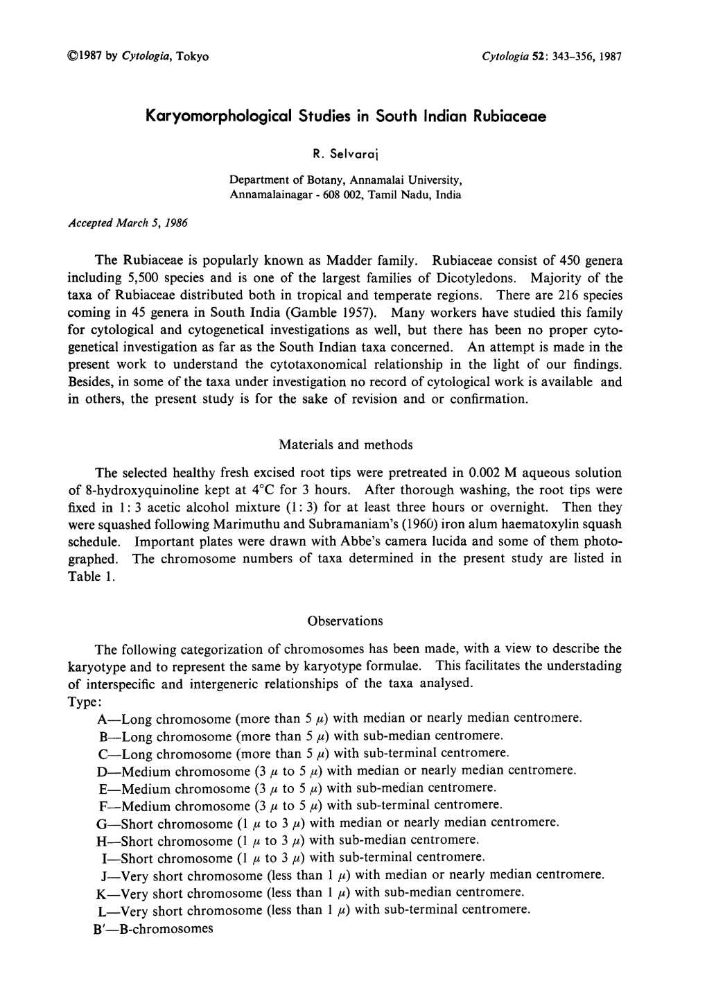 Karyomorphological Studies in South Indian Rubiaceae