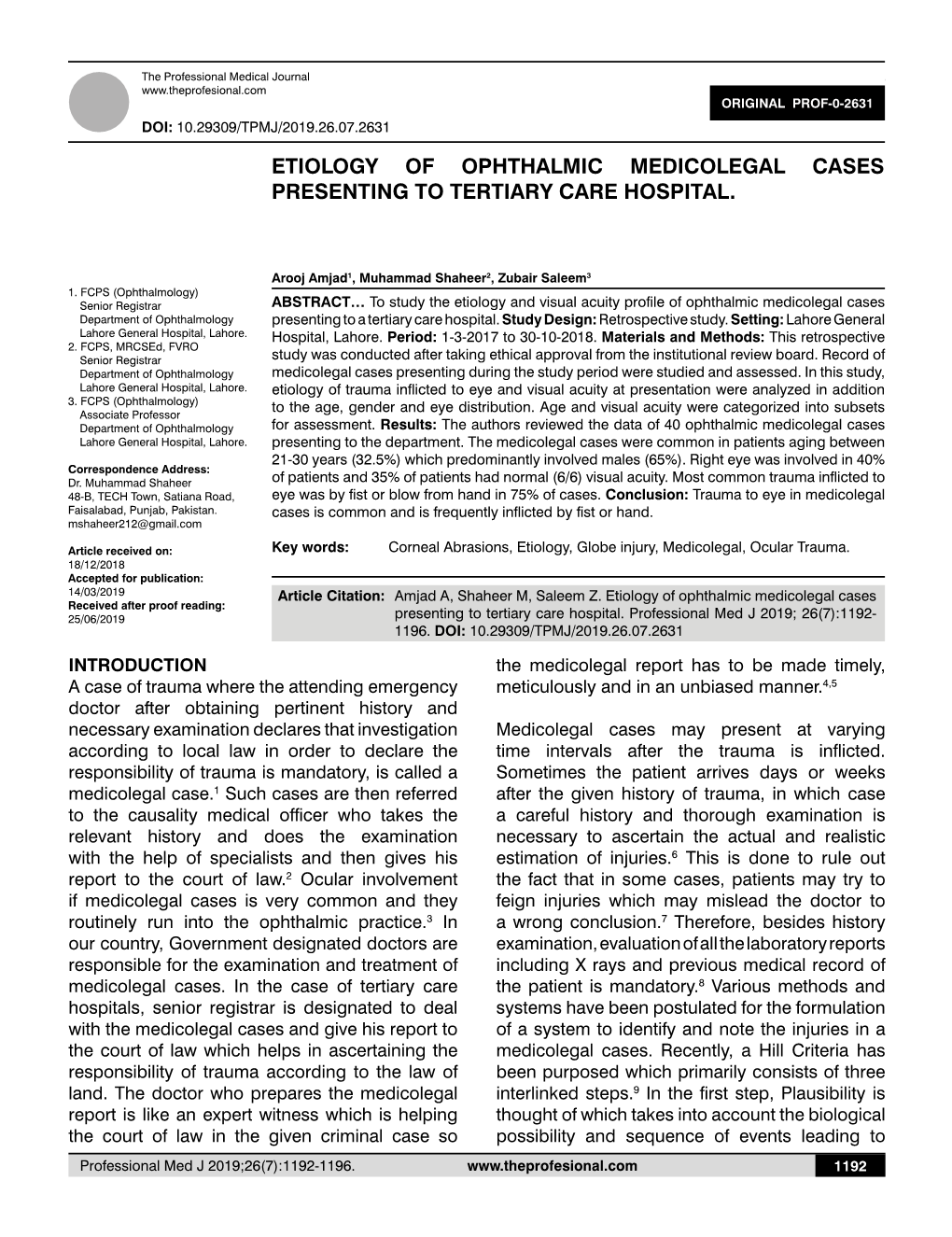 Etiology of Ophthalmic Medicolegal Cases Presenting to Tertiary Care Hospital