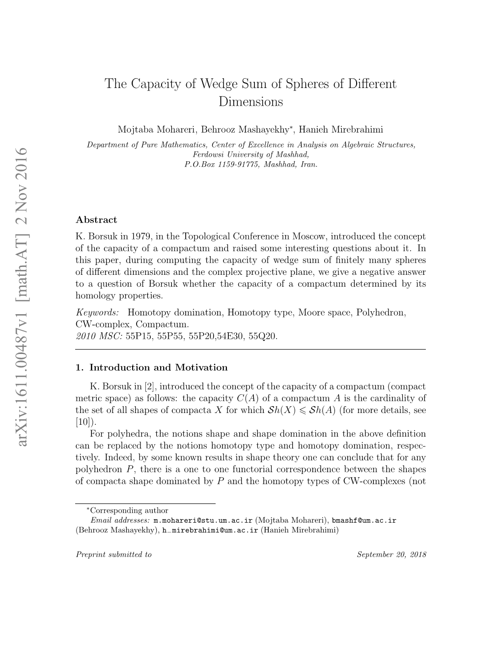 The Capacity of Wedge Sum of Spheres of Different Dimensions