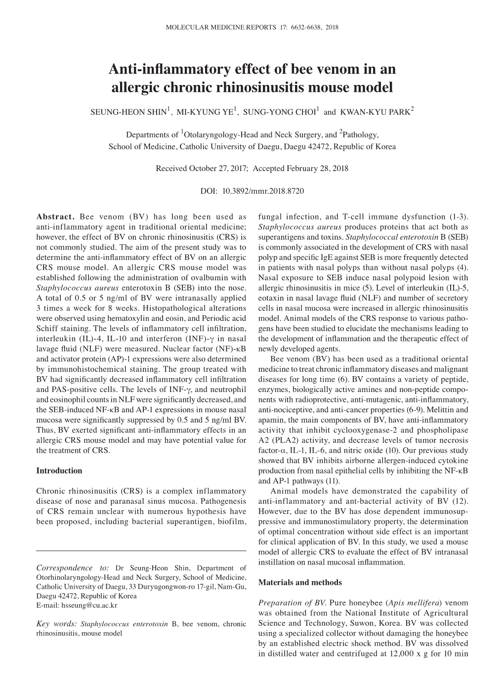 Anti‑Inflammatory Effect of Bee Venom in an Allergic Chronic Rhinosinusitis Mouse Model