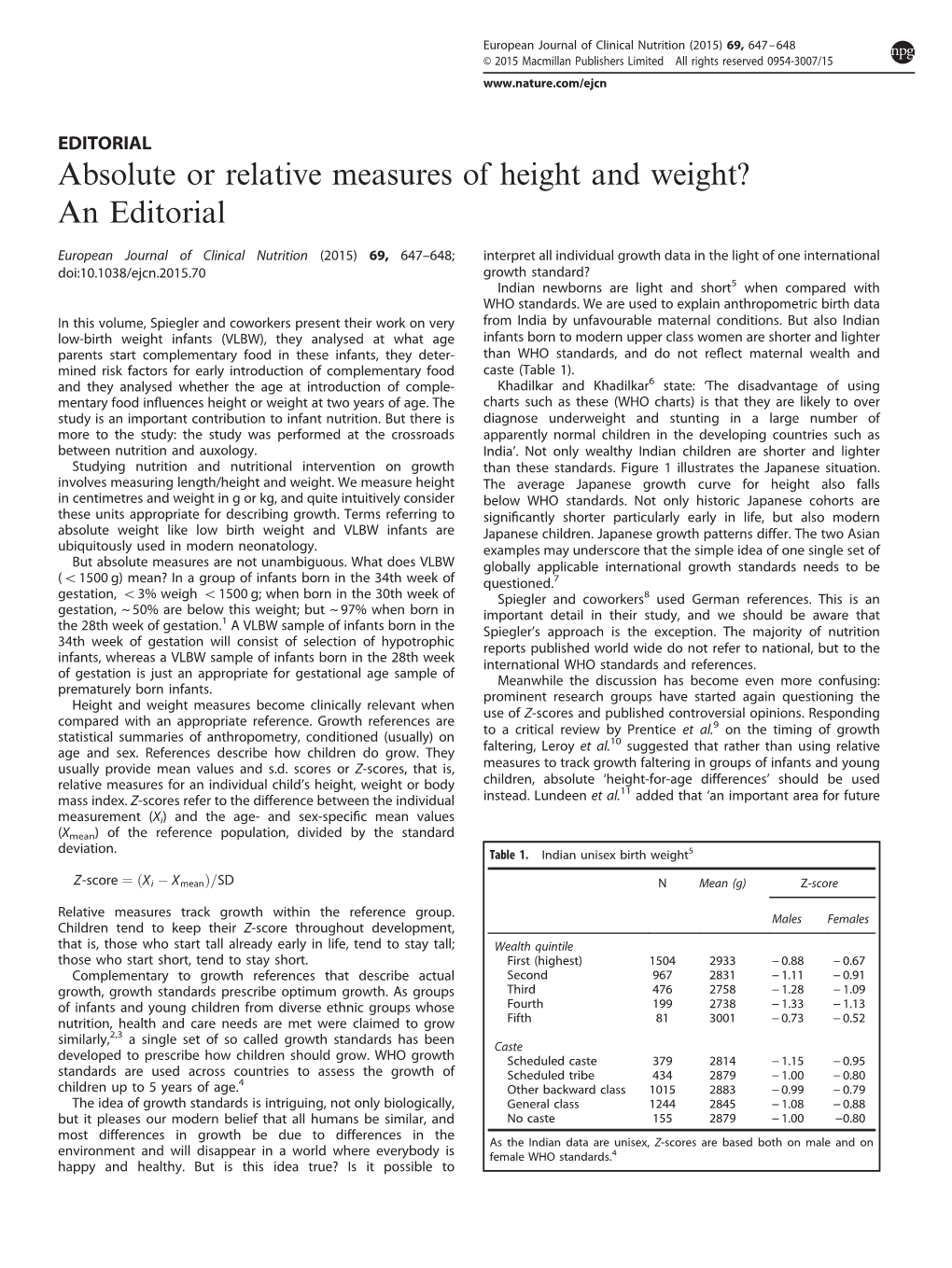 Absolute Or Relative Measures of Height and Weight&Quest