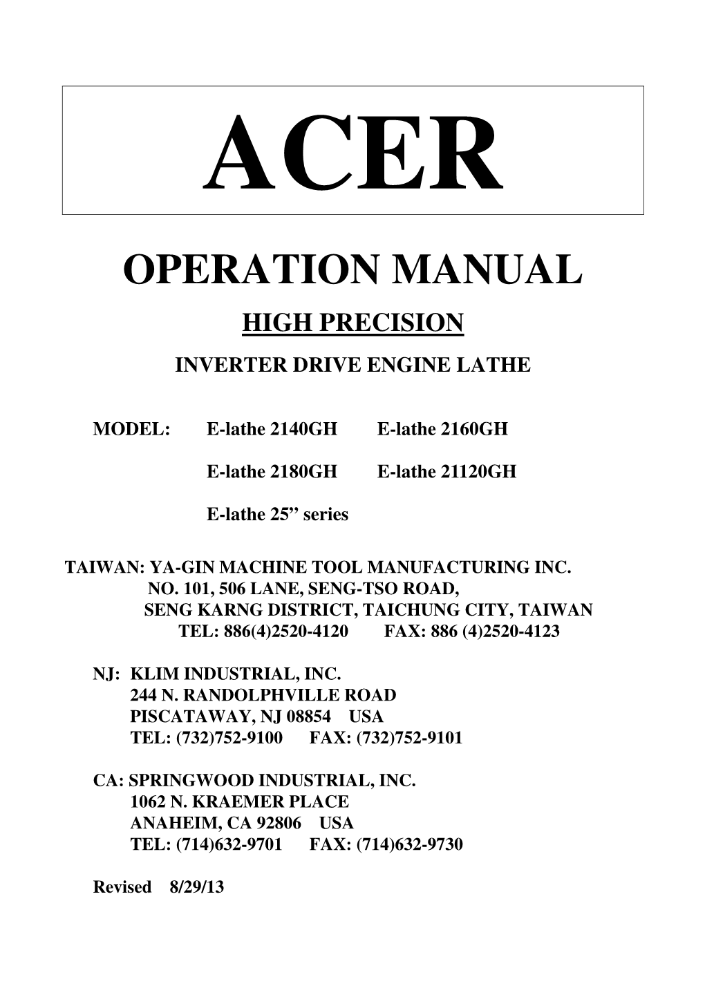 Operation Manual High Precision Inverter Drive Engine Lathe