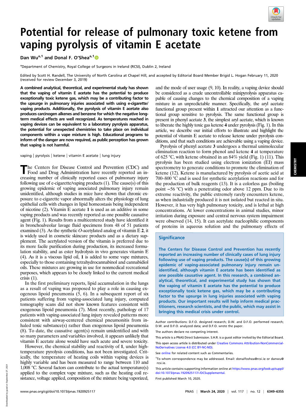 Potential for Release of Pulmonary Toxic Ketene from Vaping Pyrolysis of Vitamin E Acetate