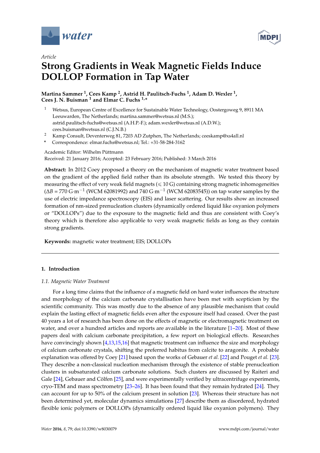 Strong Gradients in Weak Magnetic Fields Induce DOLLOP Formation in Tap Water