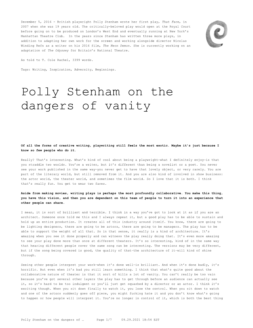 Polly Stenham on the Dangers of Vanity