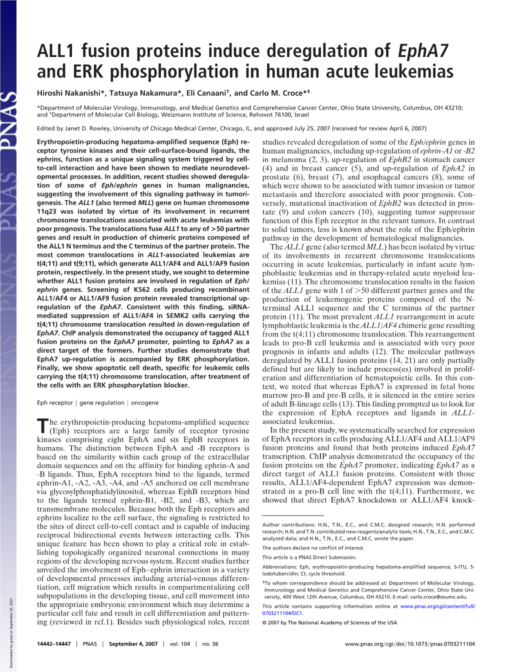 ALL1 Fusion Proteins Induce Deregulation of Epha7 and ERK Phosphorylation in Human Acute Leukemias