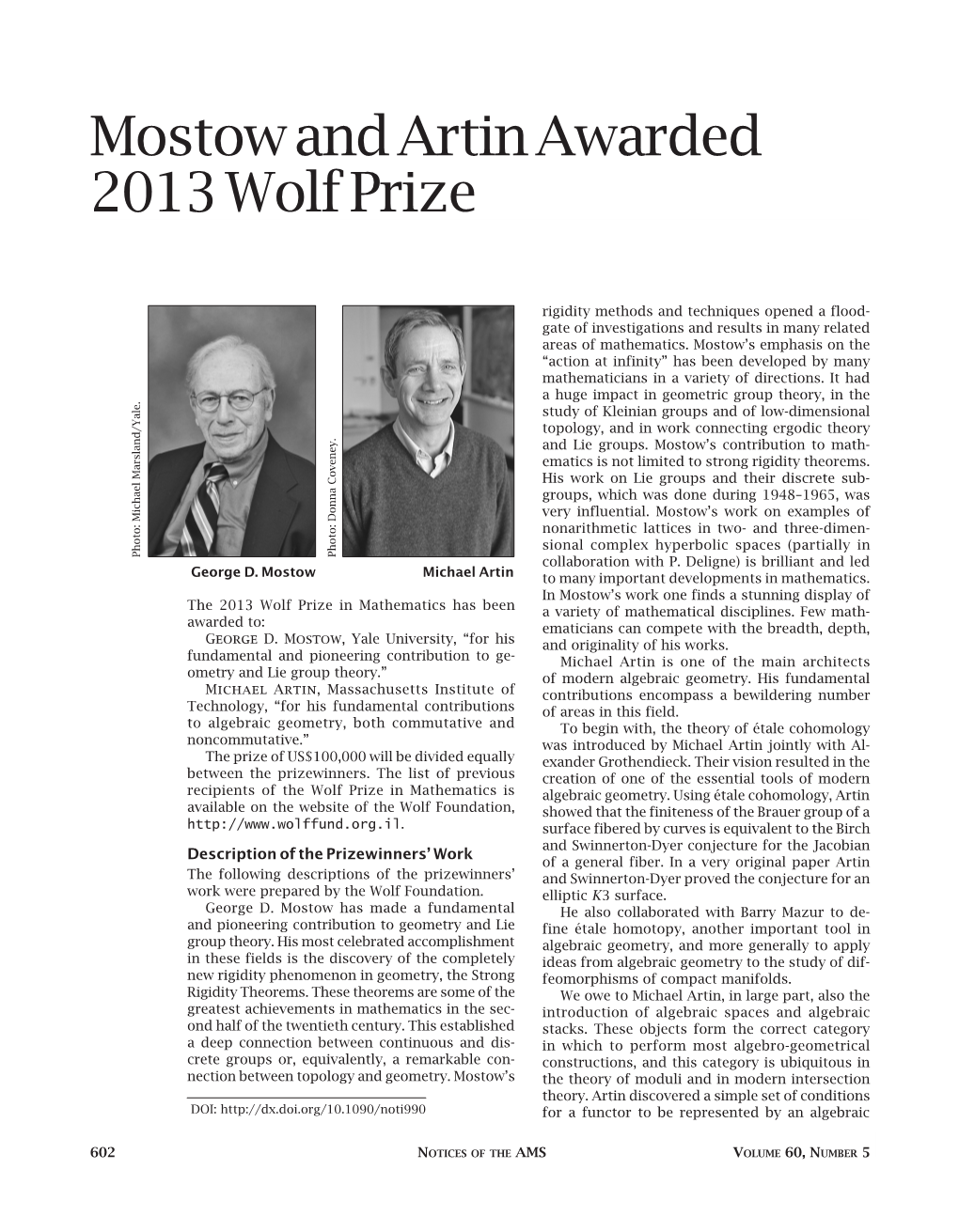Mostow and Artin Awarded 2013 Wolf Prize