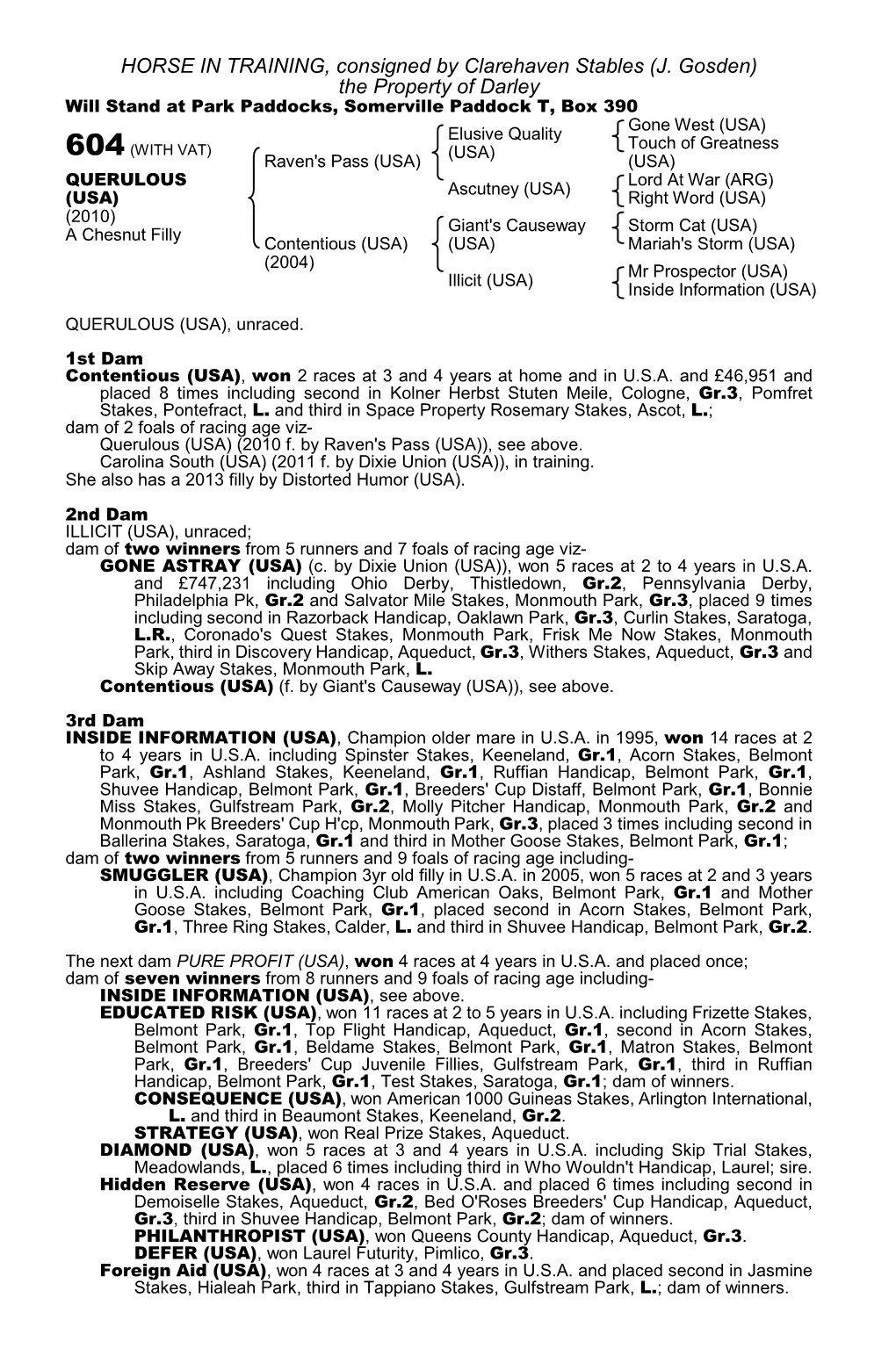 J. Gosden) the Property of Darley Will Stand at Park Paddocks, Somerville Paddock T, Box 390