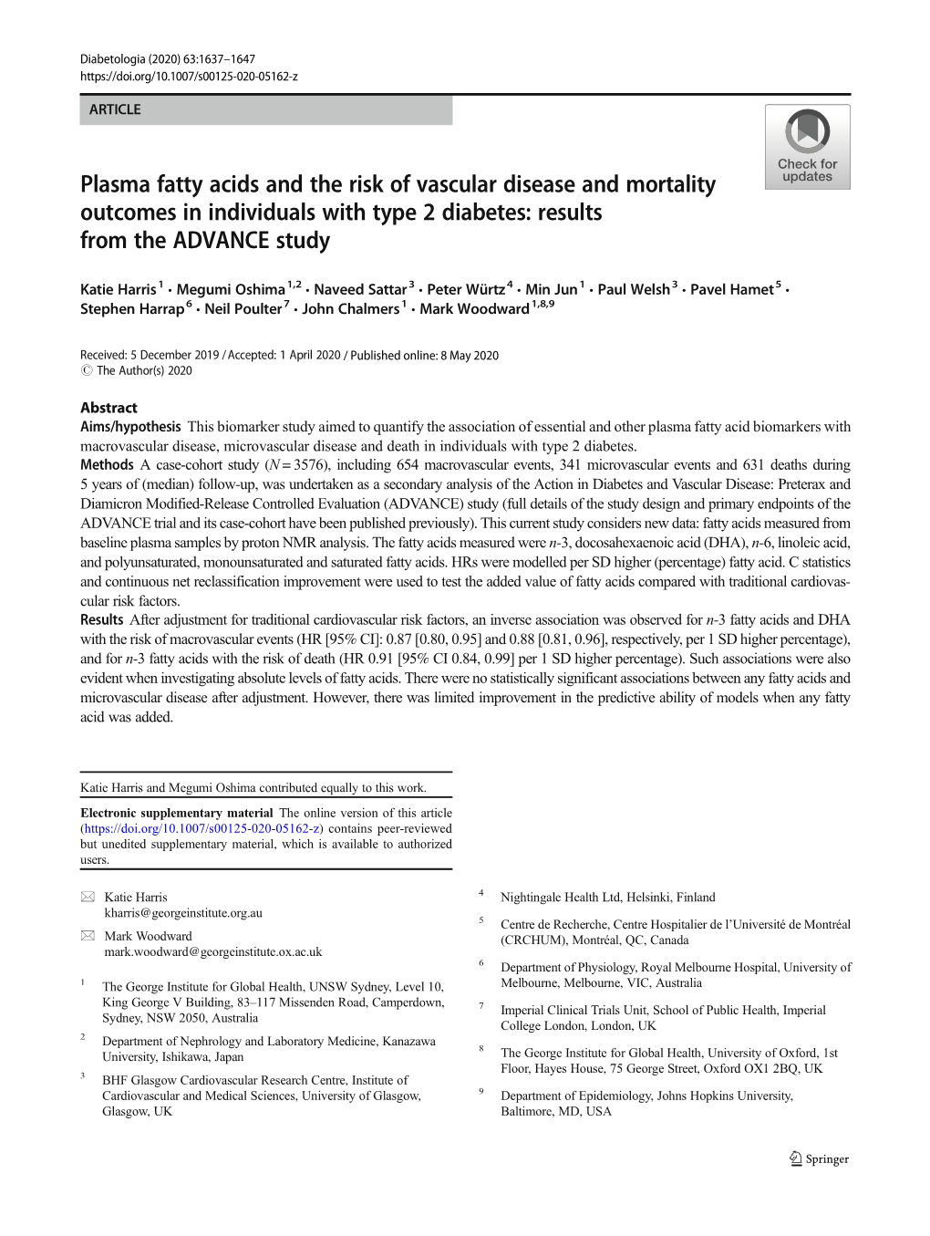 Plasma Fatty Acids and the Risk of Vascular Disease and Mortality Outcomes in Individuals with Type 2 Diabetes: Results from the ADVANCE Study