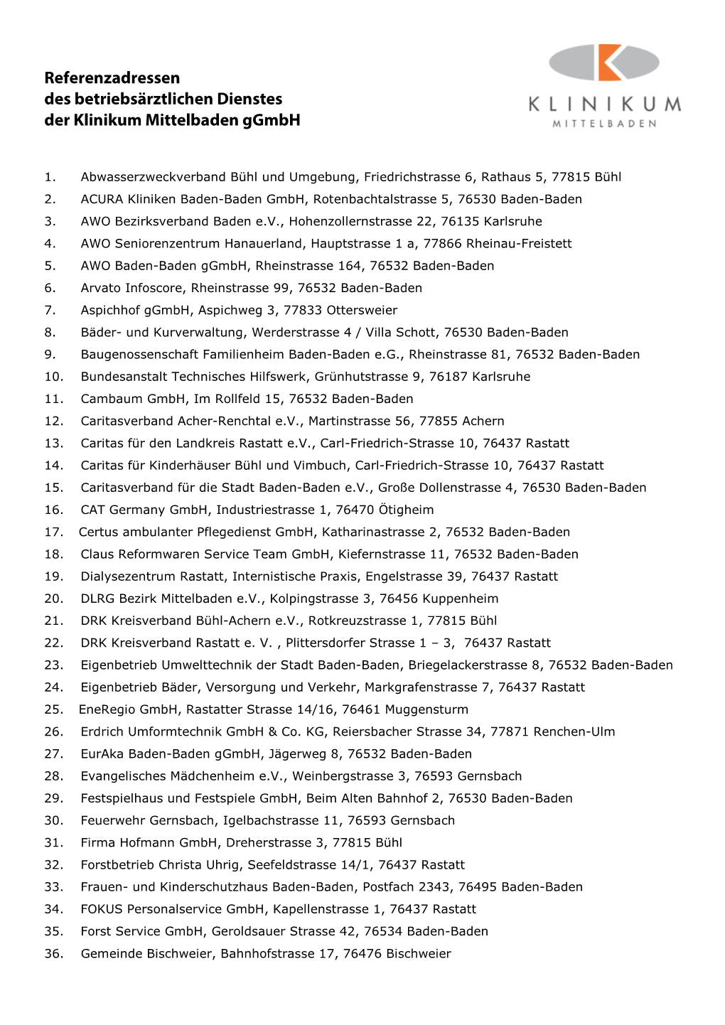 Referenzadressen Des Betriebsärztlichen Dienstes Der Klinikum Mittelbaden Ggmbh
