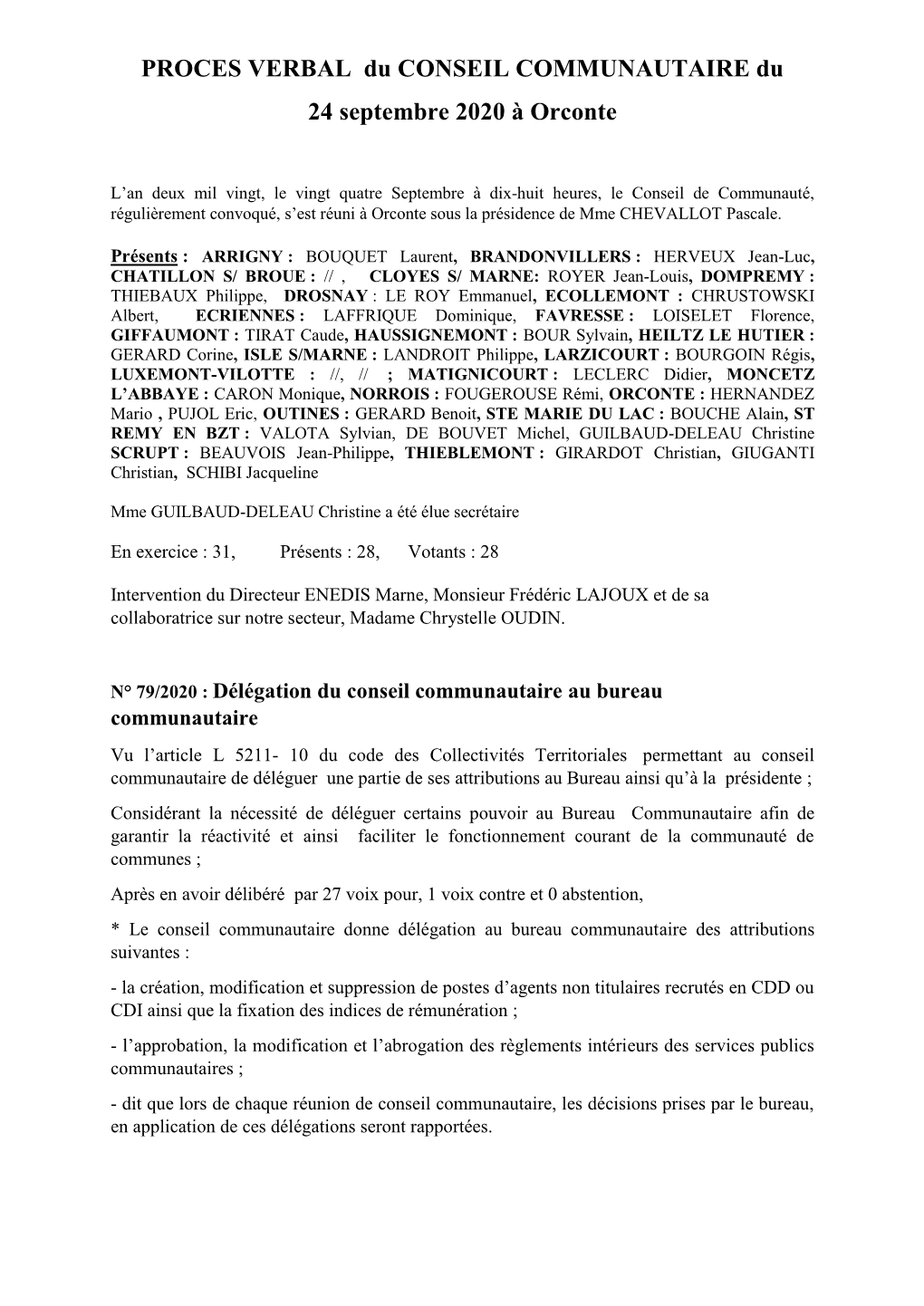 PROCES VERBAL Du CONSEIL COMMUNAUTAIRE Du 24 Septembre 2020 À Orconte