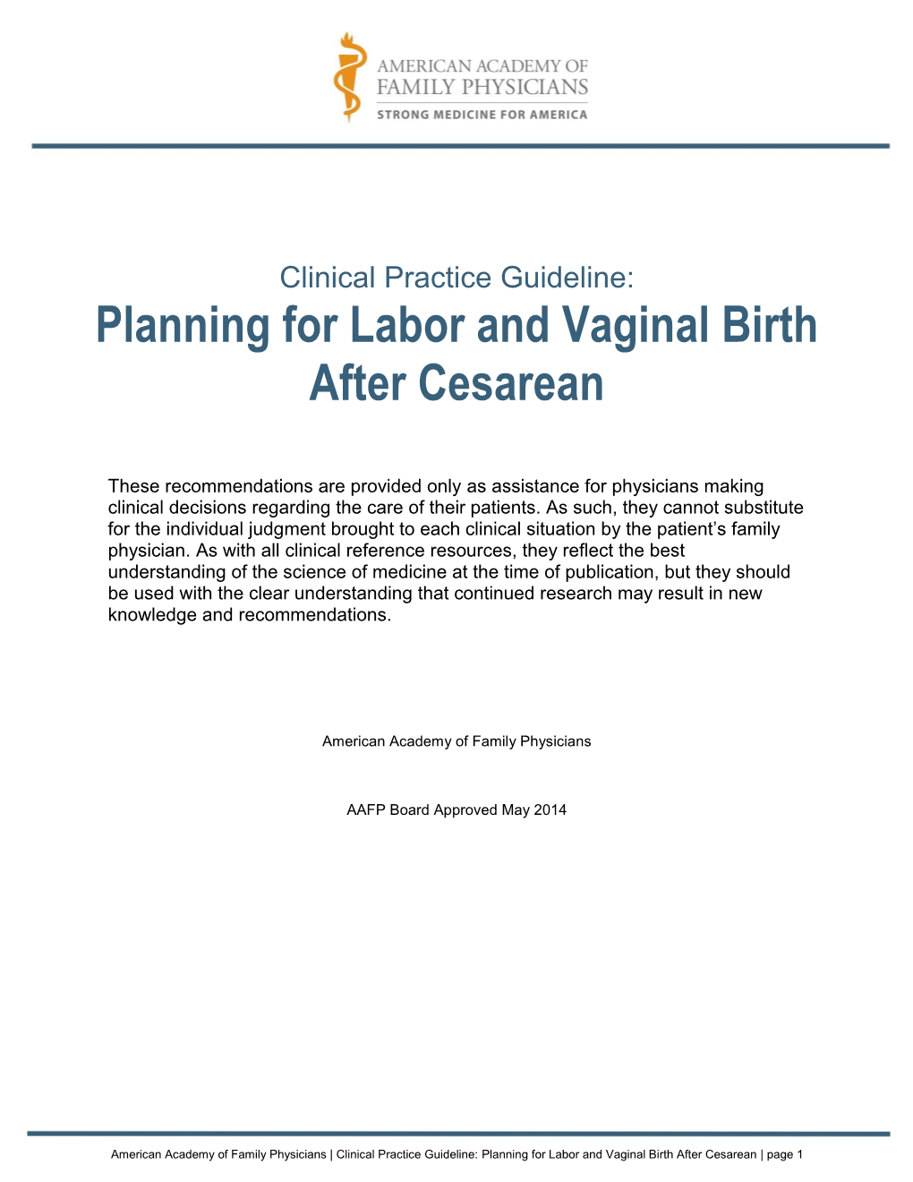 Clinical Practice Guideline: Planning for Labor and Vaginal Birth After Cesarean