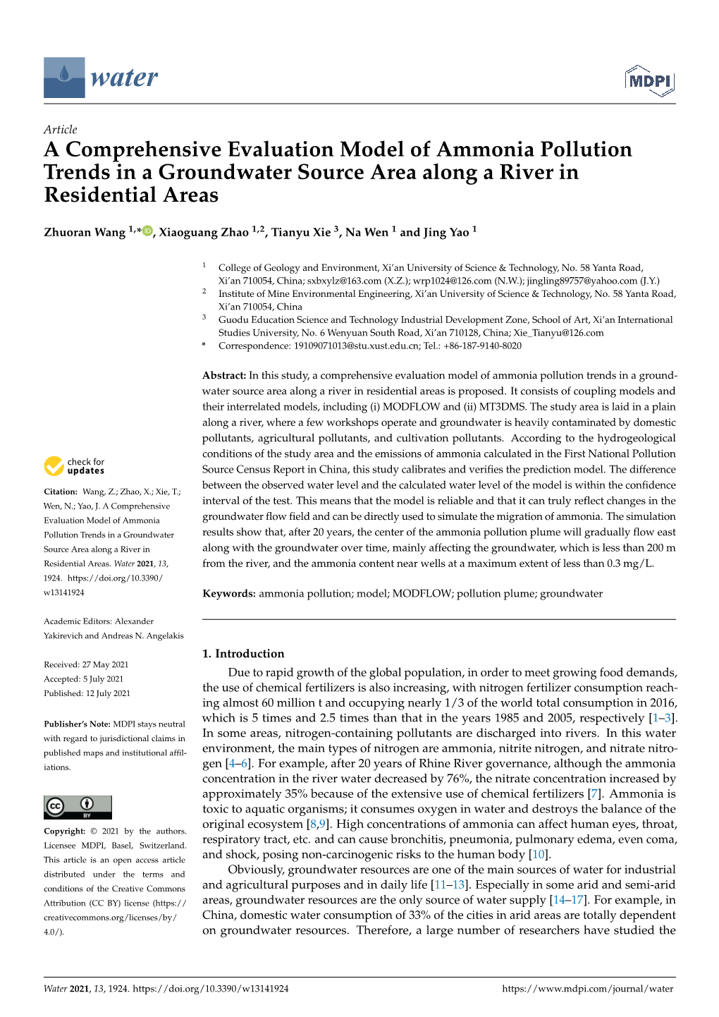 A Comprehensive Evaluation Model of Ammonia Pollution Trends in a Groundwater Source Area Along a River in Residential Areas