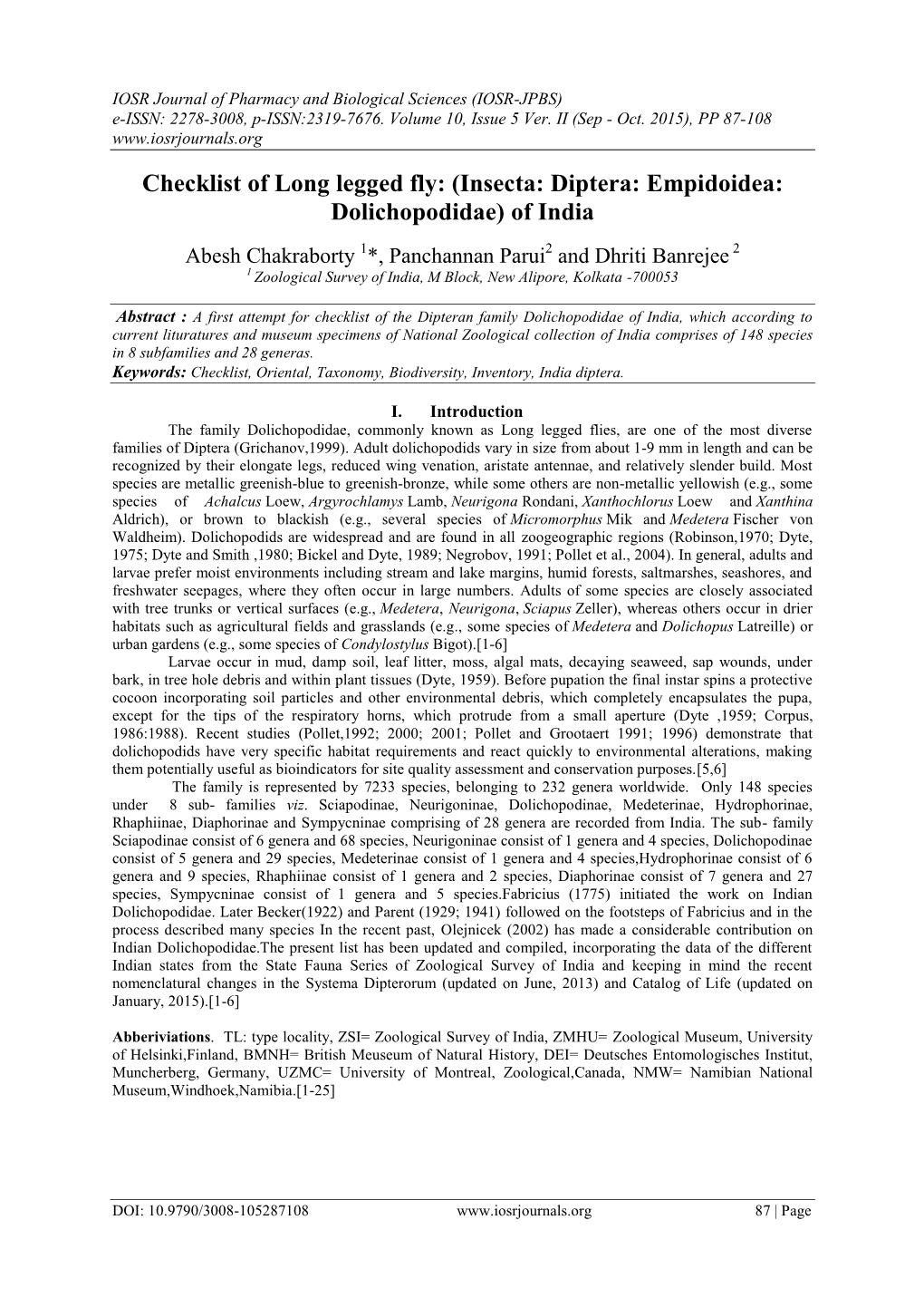 Checklist of Long Legged Fly: (Insecta: Diptera: Empidoidea: Dolichopodidae) of India