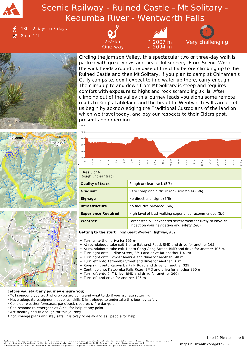 Scenic Railway - Ruined Castle - Mt Solitary - Kedumba River - Wentworth Falls 13H , 2 Days to 3 Days 5 8H to 11H 29.9 Km ↑ 2007 M Very Challenging One Way ↓ 2094 M