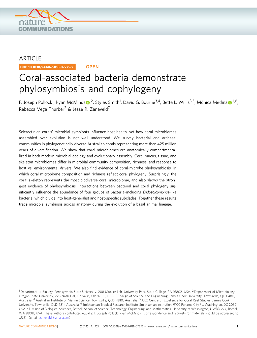 Coral-Associated Bacteria Demonstrate Phylosymbiosis and Cophylogeny