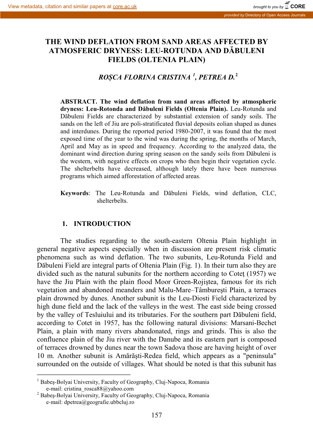 The Wind Deflation from Sand Areas Affected by Atmosferic Dryness: Leu-Rotunda and Dăbuleni Fields (Oltenia Plain)