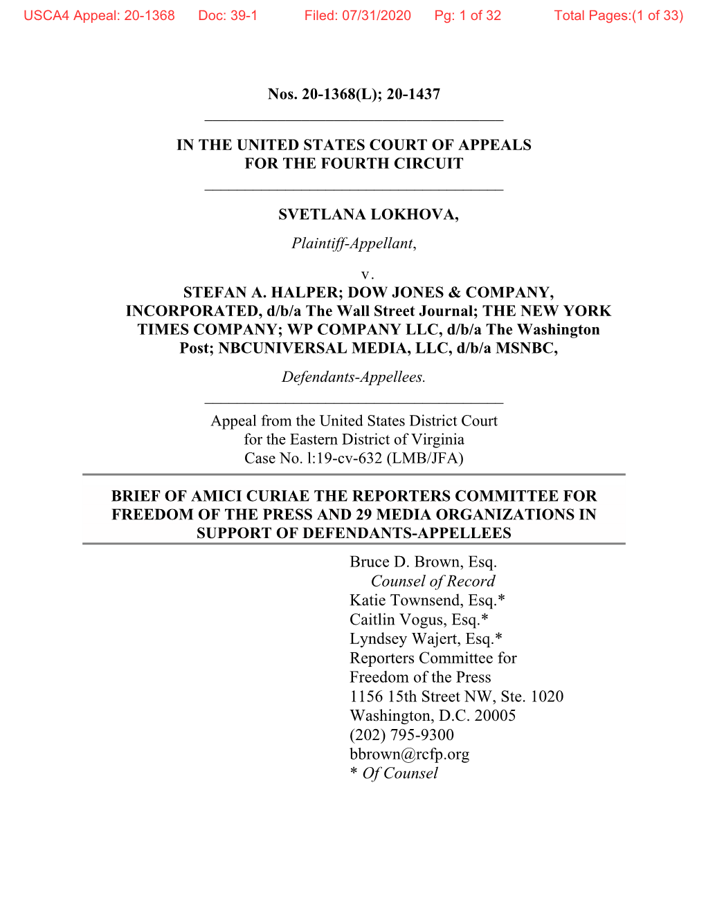 USCA4 Appeal: 20-1368 Doc: 39-1 Filed: 07/31/2020 Pg: 1 of 32 Total Pages:(1 of 33)