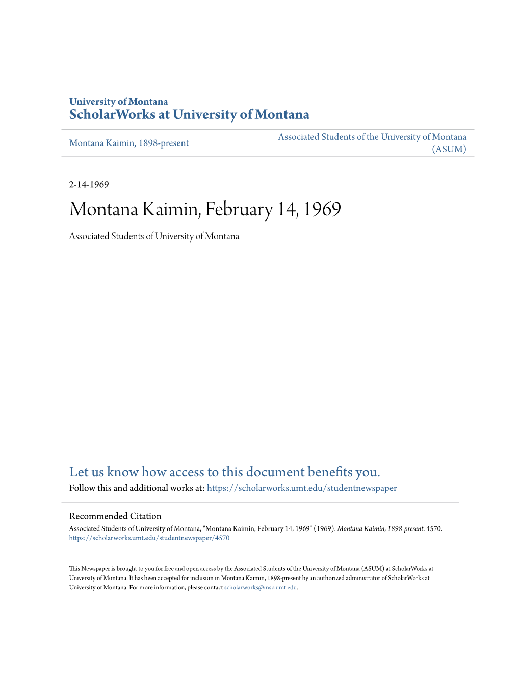 Montana Kaimin, February 14, 1969 Associated Students of University of Montana