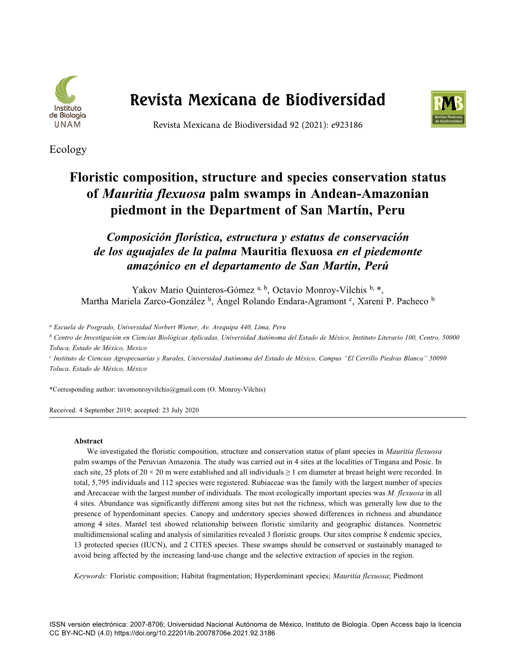 Floristic Composition, Structure and Species Conservation Status of Mauritia Flexuosa Palm Swamps in Andean-Amazonian Piedmont in the Department of San Martín, Peru