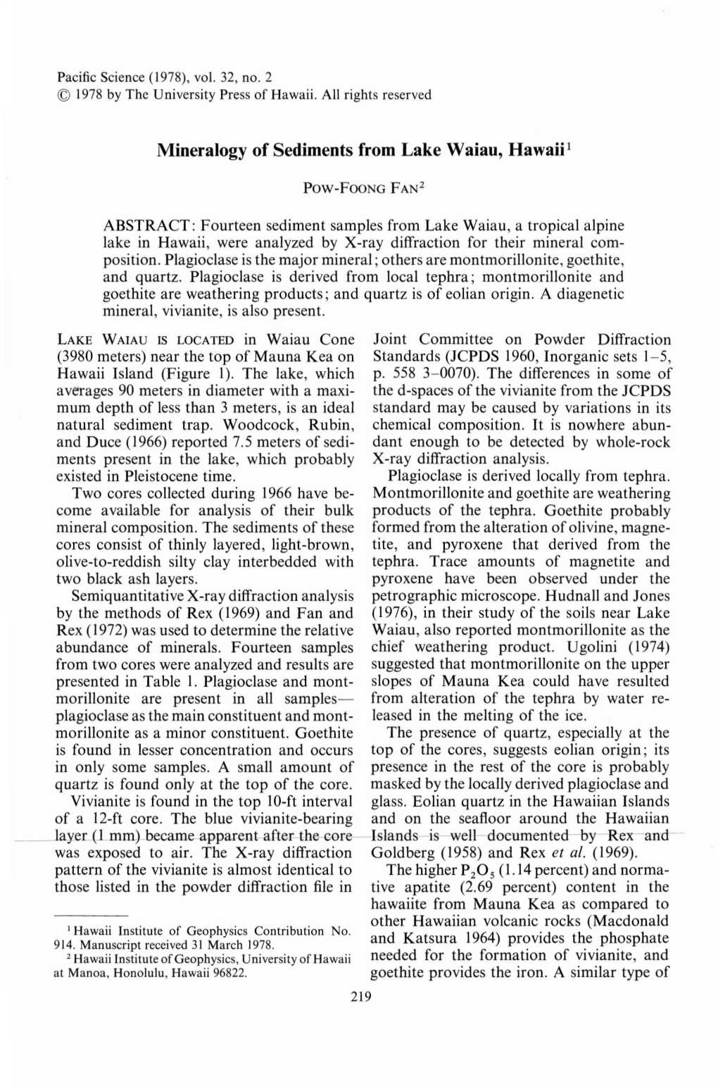 Mineralogy of Sediments from Lake Waiau, Hawaii]