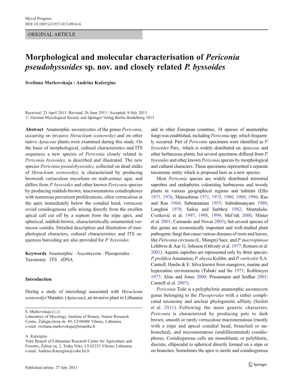 Morphological and Molecular Characterisation of Periconia Pseudobyssoides Sp